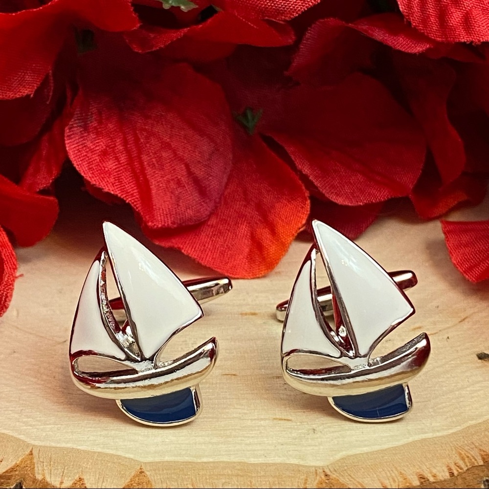 White and Blue Sailboat Cufflinks - Picture 9 of 16